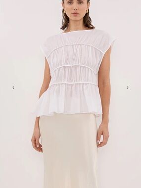 DISSH White Ruched Peplum Cap-Sleeve Blouse